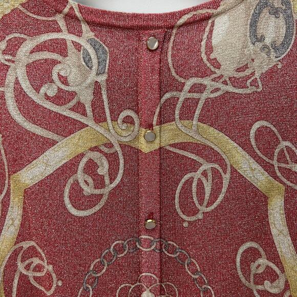 J. McLaughlin Red Gold Metallic Chain Print Button Back Sweater Womens M - Picture 7 of 8